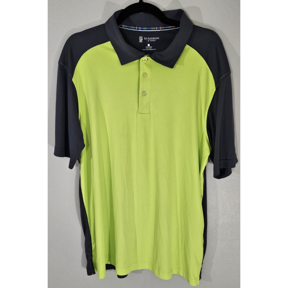 St. Andrews of Scotland Men's Large Polo Shirt Neon Green Grey Golf Performance
